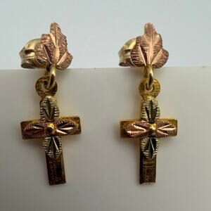 10K Black Hills Gold Cross Dangle Post Earrings Tri-Color Grape Leaf Accents